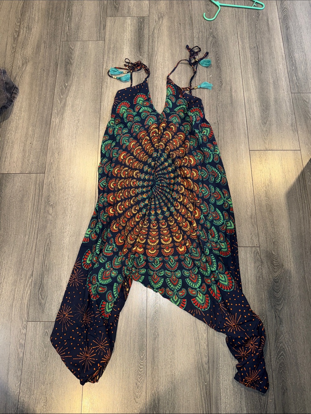 Boho Mandala Print Harem Jumpsuit in Navy, Green & Orange